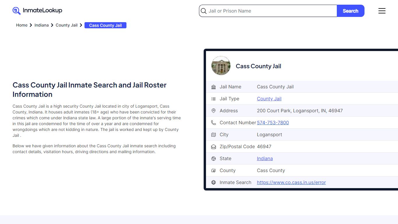 Cass County Jail Inmate Search - Logansport Indiana - Inmate Lookup